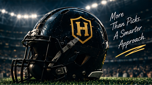 Complete black football helmet with a gold H shield resting on stadium grass. Beside it: More than picks. A smarter approach.