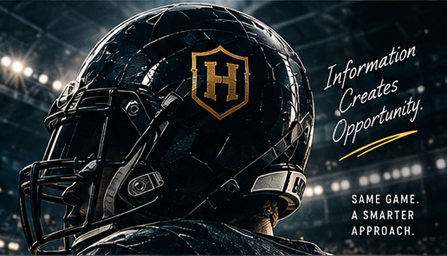 Complete black and gold Handicapper football helmet. Information creates opportunity. Same game. A smarter approach.