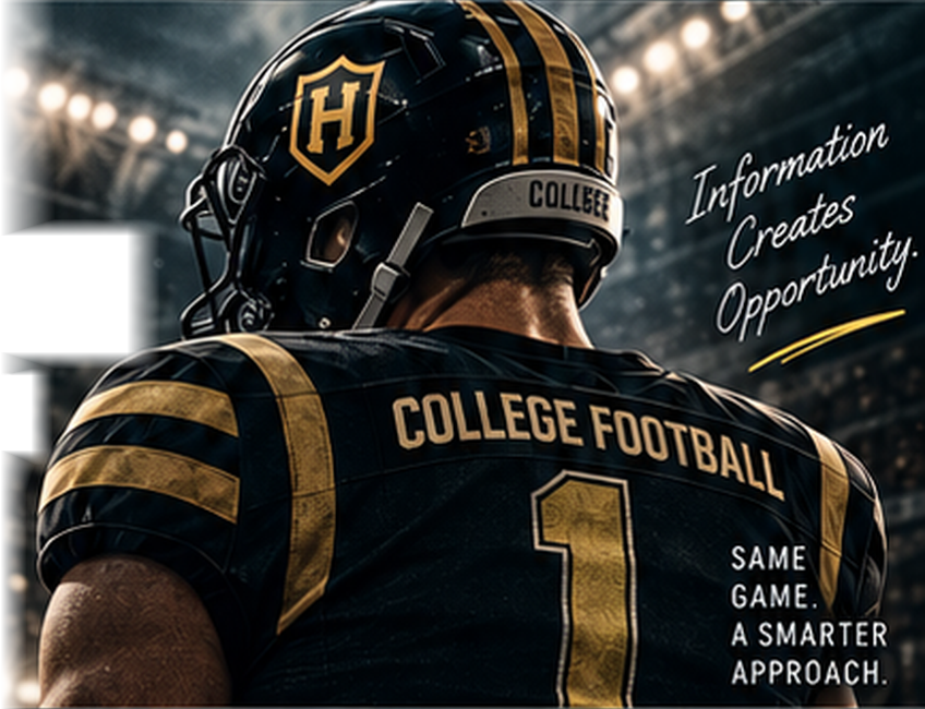 College football player in a black-and-gold Handicapper uniform, with original stadium lighting and the message Information Creates Opportunity.