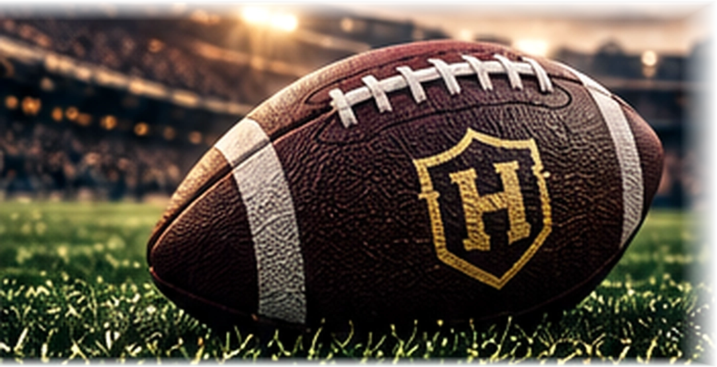 Complete brown leather football on stadium turf, showing both pointed ends, white laces and the gold H shield