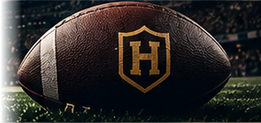 The Handicapper gold-shield football resting on the stadium turf.