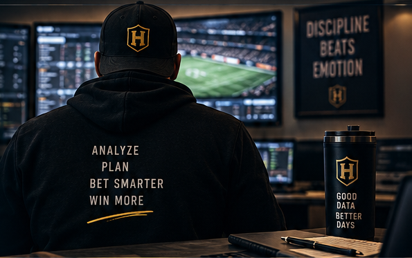 An analyst seen from behind at a multi-screen football research desk, wearing a black H cap and hoodie. A matching tumbler, notebook, and pen sit beside the screens.