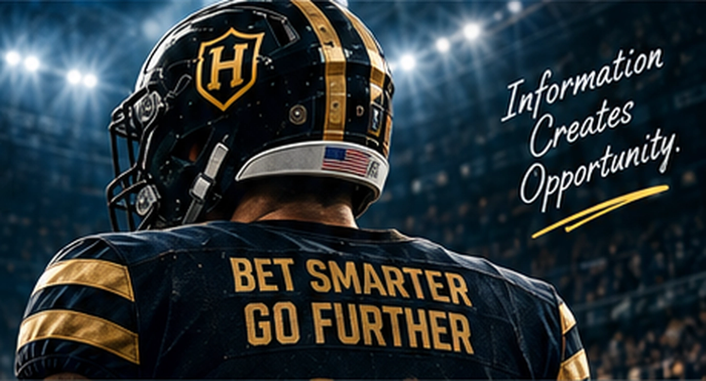 Black and gold football player viewed from behind, with the H helmet shield and Bet Smarter, Go Further jersey, beneath stadium lights.