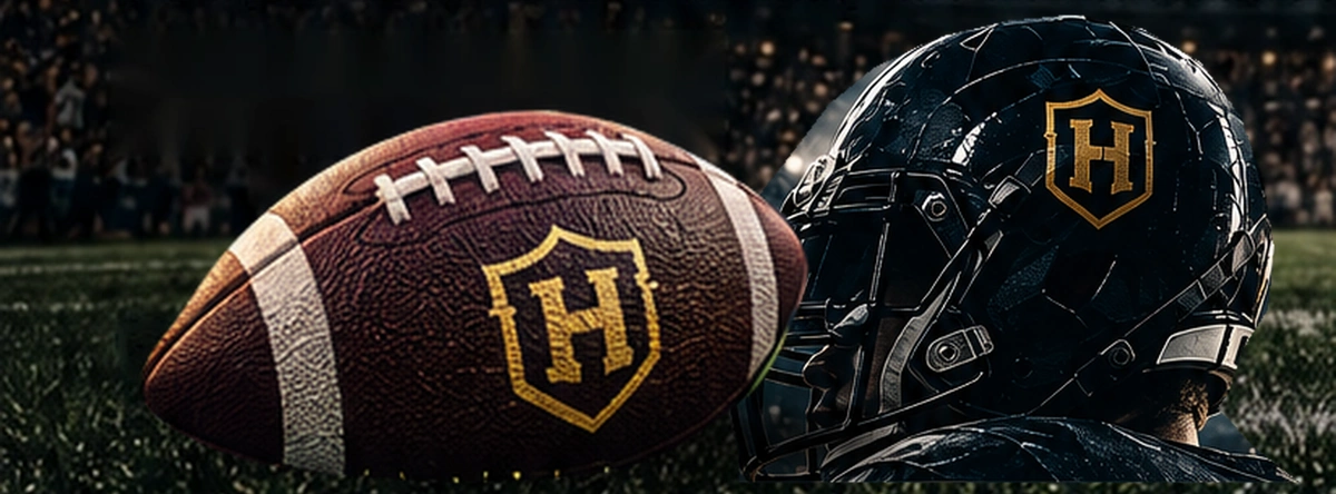 Complete leather football and black and gold helmet on stadium turf