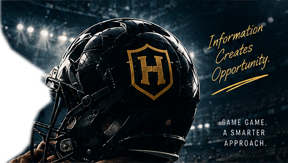 Black and gold Handicapper football helmet under stadium lights. Information creates opportunity.