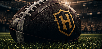 Handicapper-branded football on the grass in a floodlit stadium